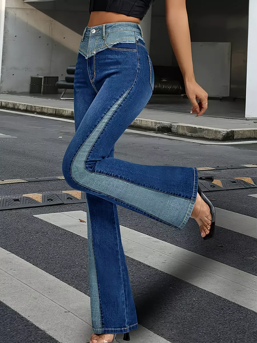 Flare Jeans For Women Two-Tone Y2K Style Blue Flared Denim Pants 2025