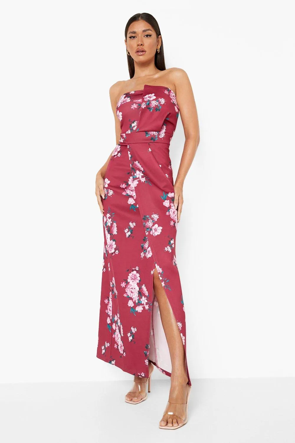 Floral Bandeau Wrap Detail Split Maxi Dress