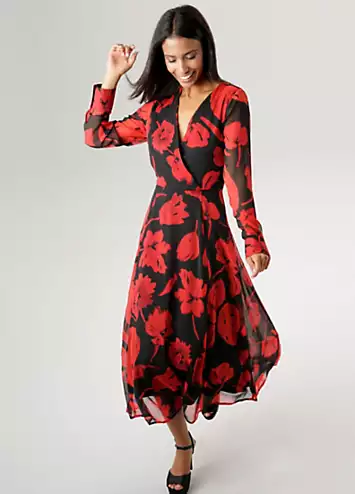 Floral Print Long Sleeve Wrap Midi Dress by Aniston | Look Again