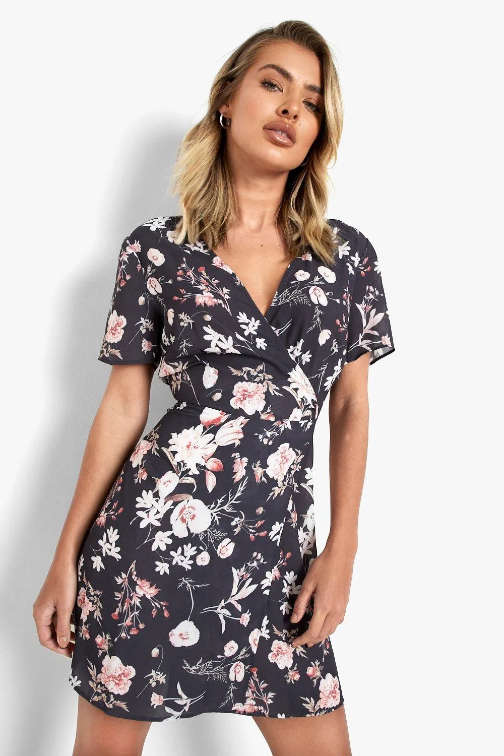 Floral Print Wrap Skater Dress