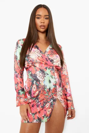 Floral Satin Wrap Mini Dress