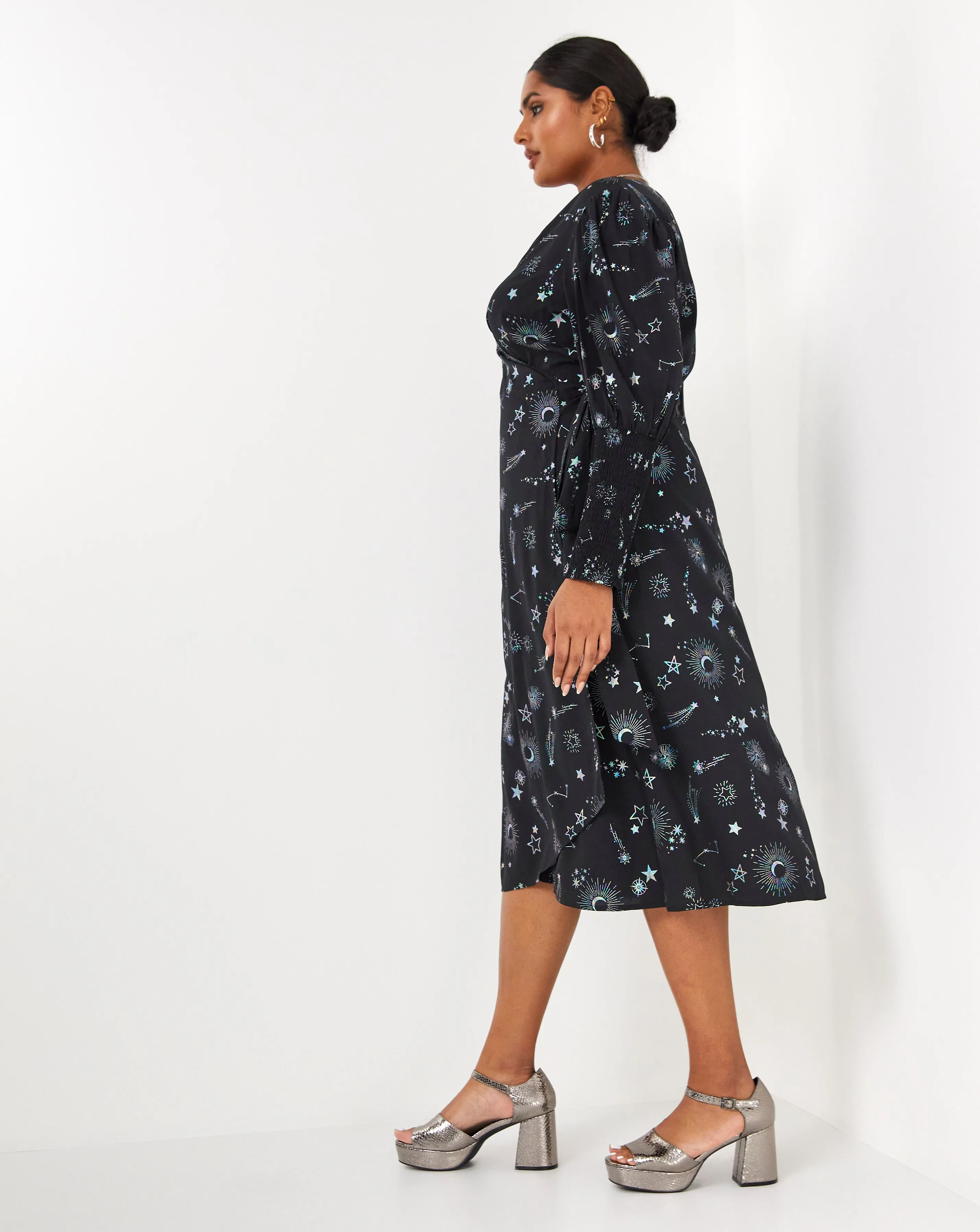 Foil Cosmic Print Wrap Midi Dress With Shirred Cuff | Simply Be