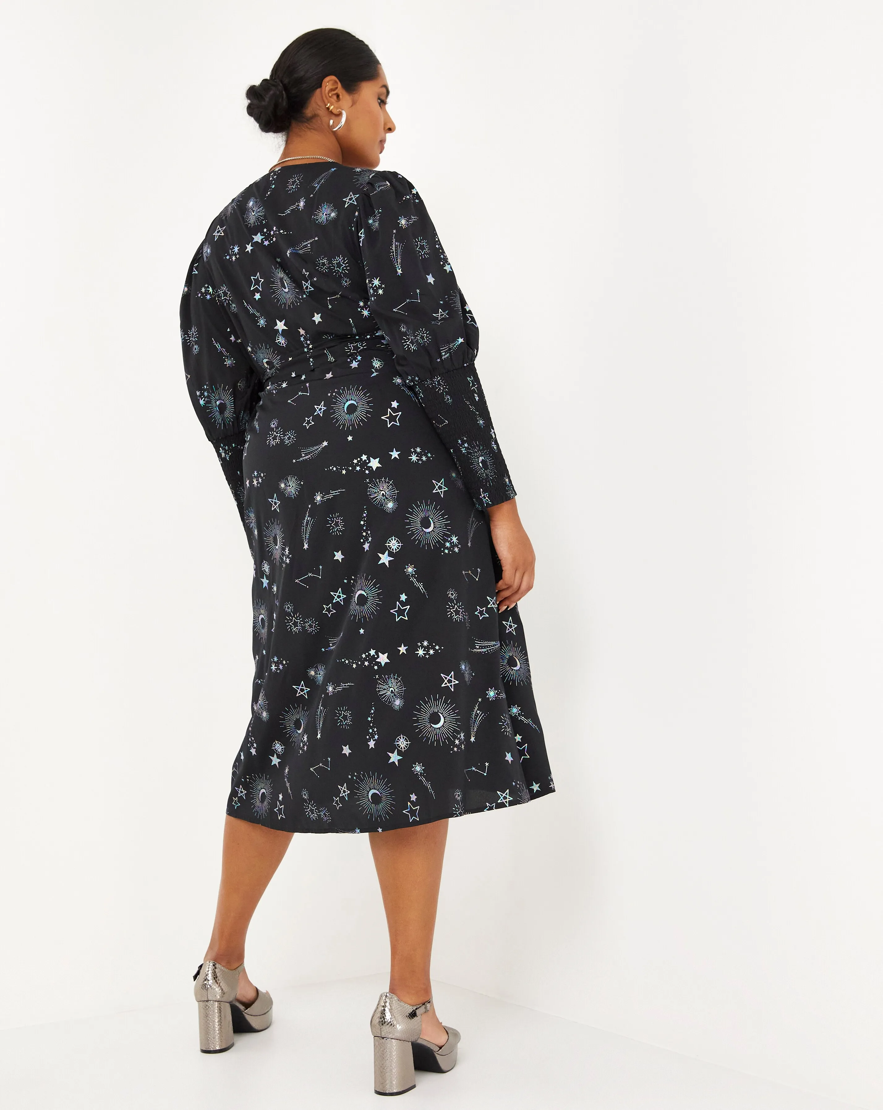 Foil Cosmic Print Wrap Midi Dress With Shirred Cuff | Simply Be