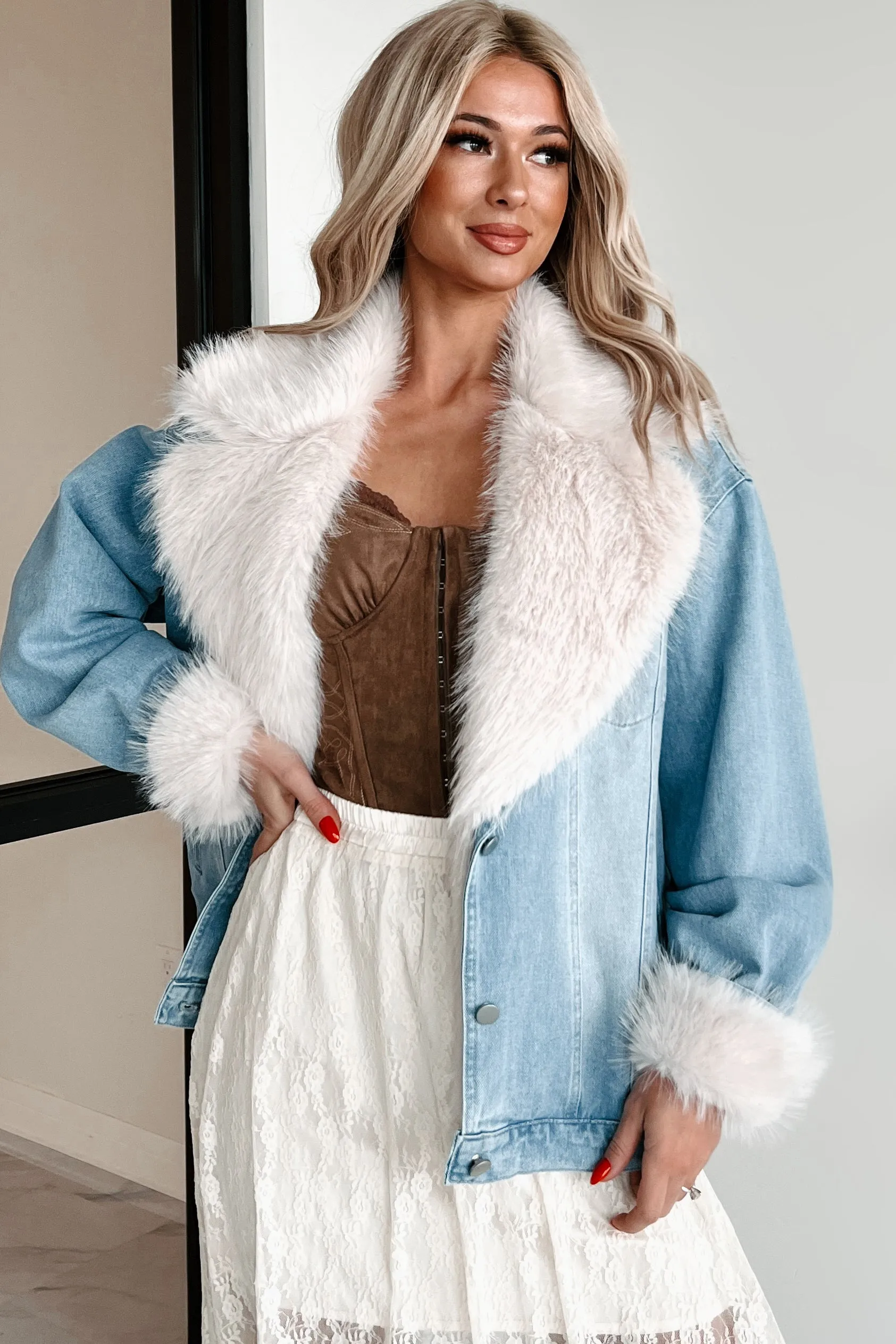 Furever Feeling Faux Fur Denim Jacket (Denim)