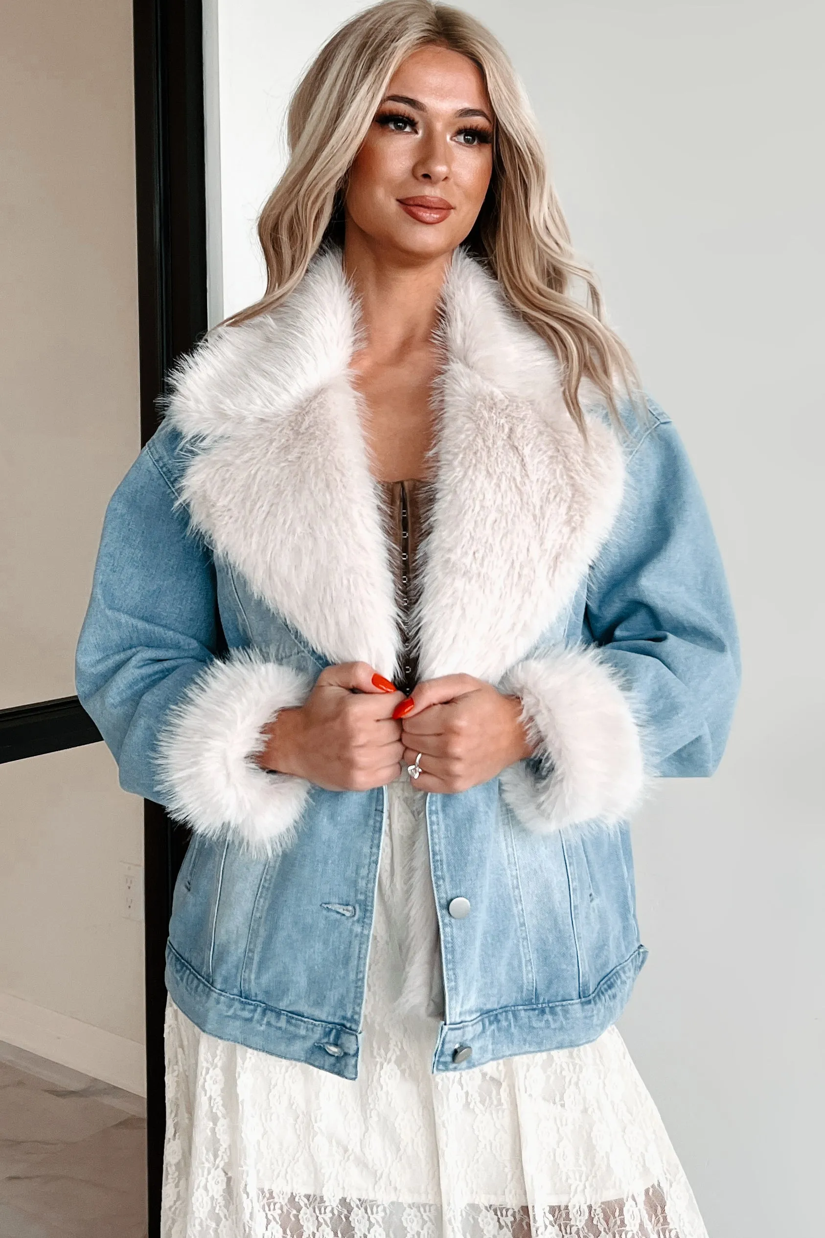 Furever Feeling Faux Fur Denim Jacket (Denim)