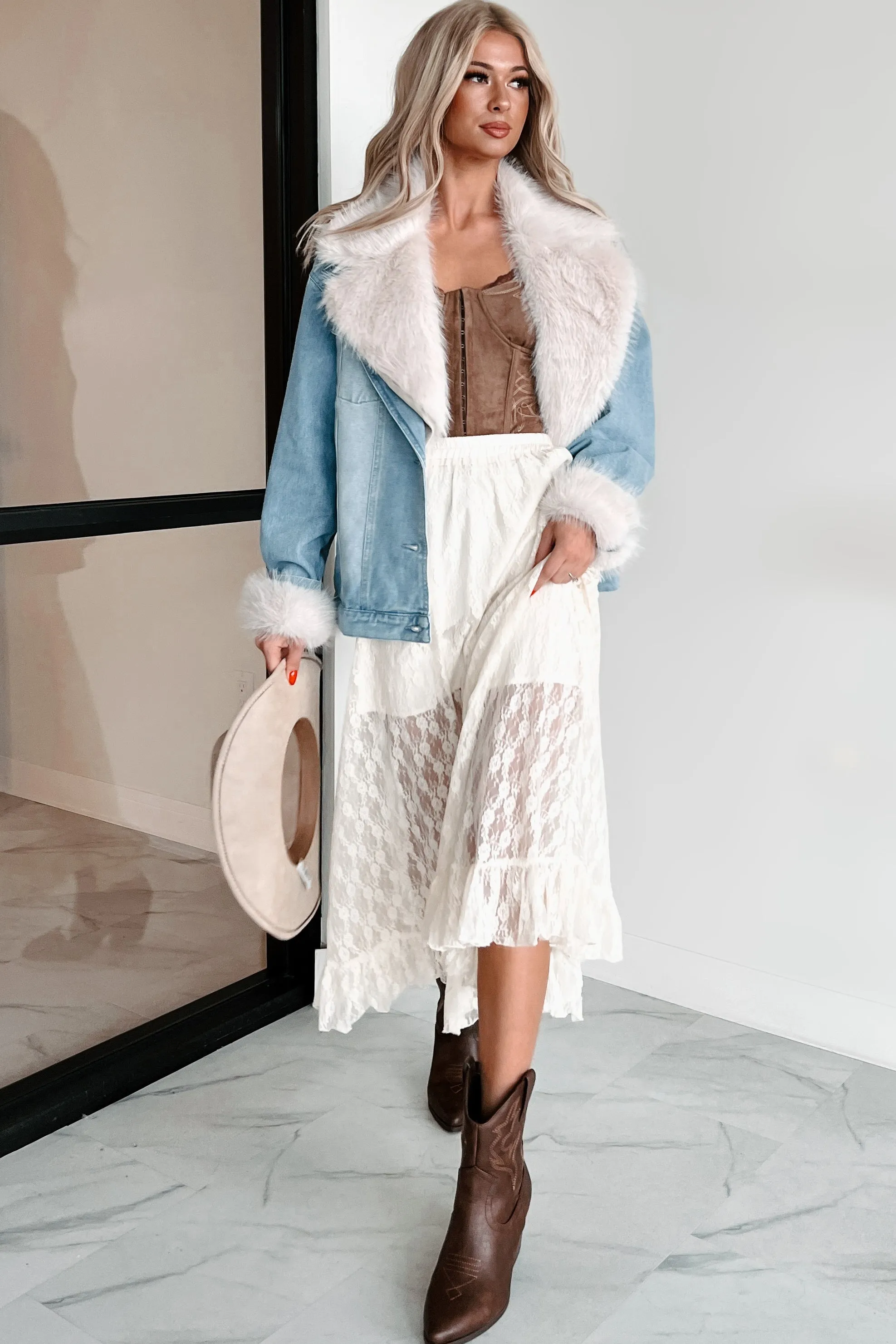 Furever Feeling Faux Fur Denim Jacket (Denim)