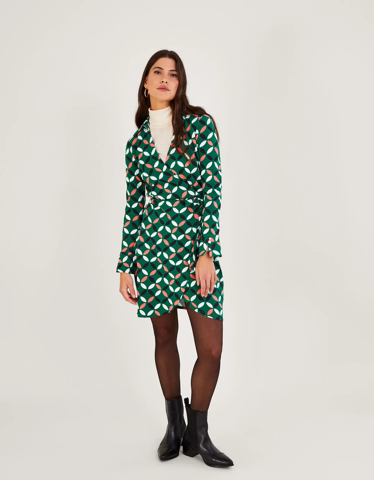 Geometric Print Wrap Tie Side Jersey Dress Green