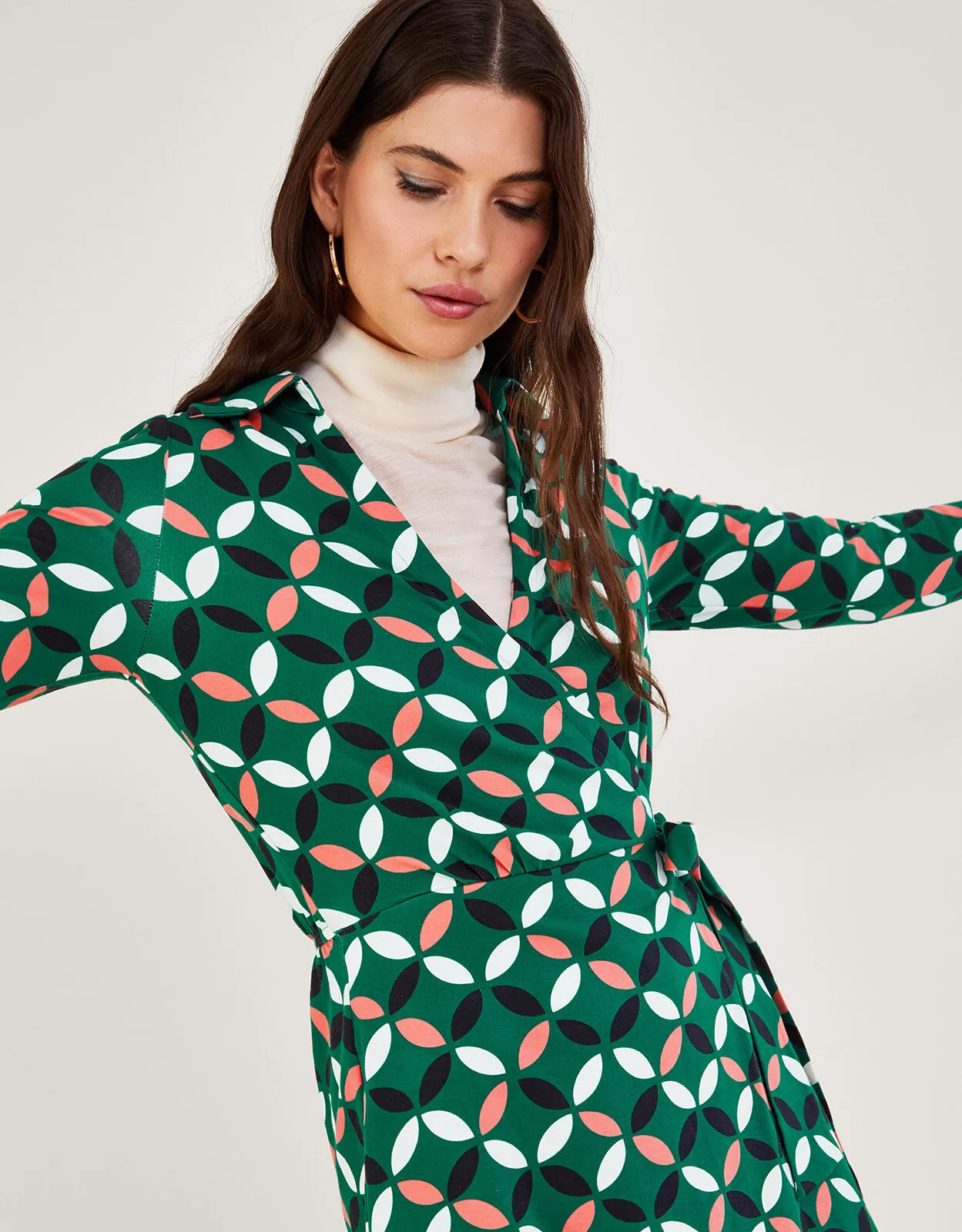 Geometric Print Wrap Tie Side Jersey Dress Green