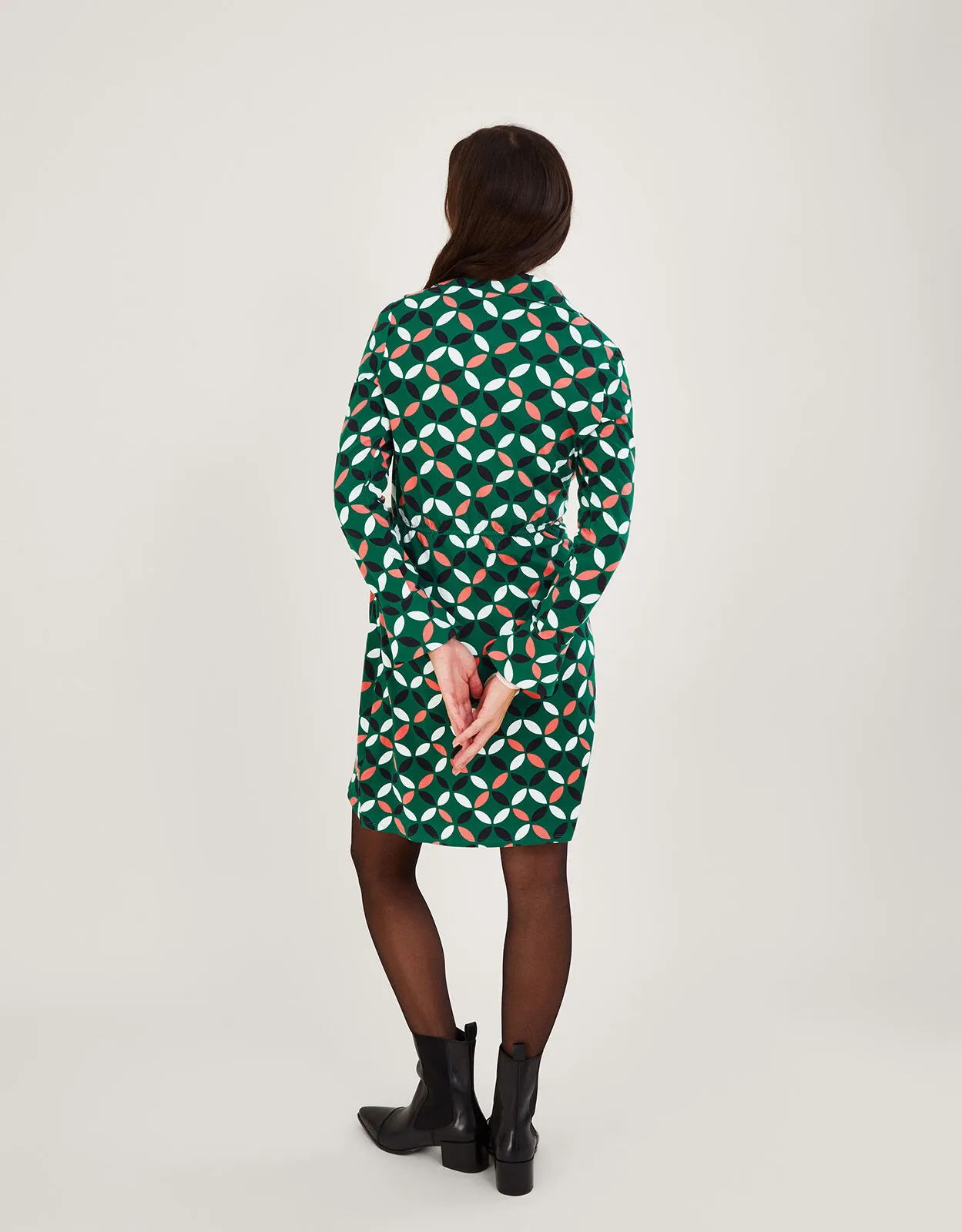 Geometric Print Wrap Tie Side Jersey Dress Green