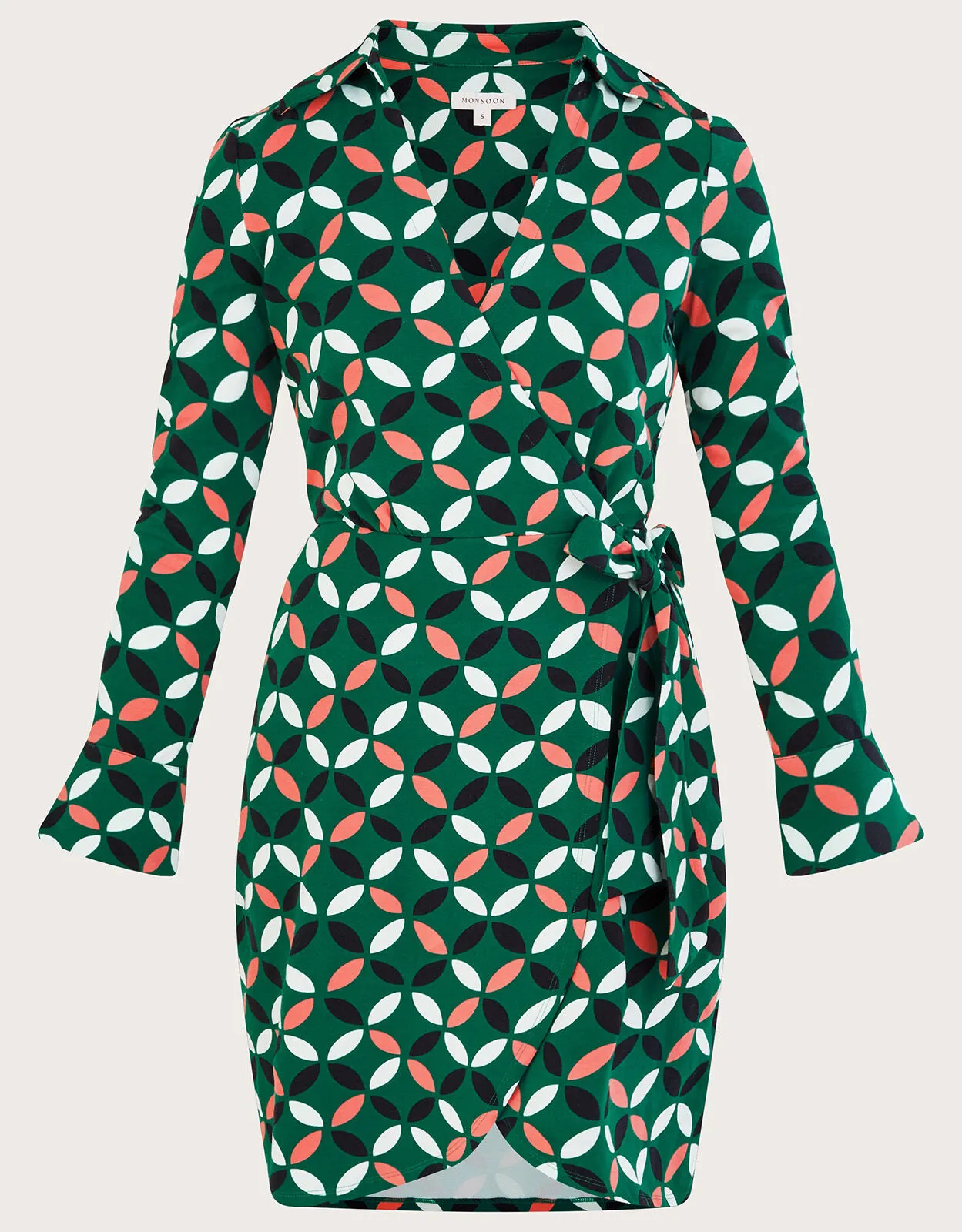 Geometric Print Wrap Tie Side Jersey Dress Green