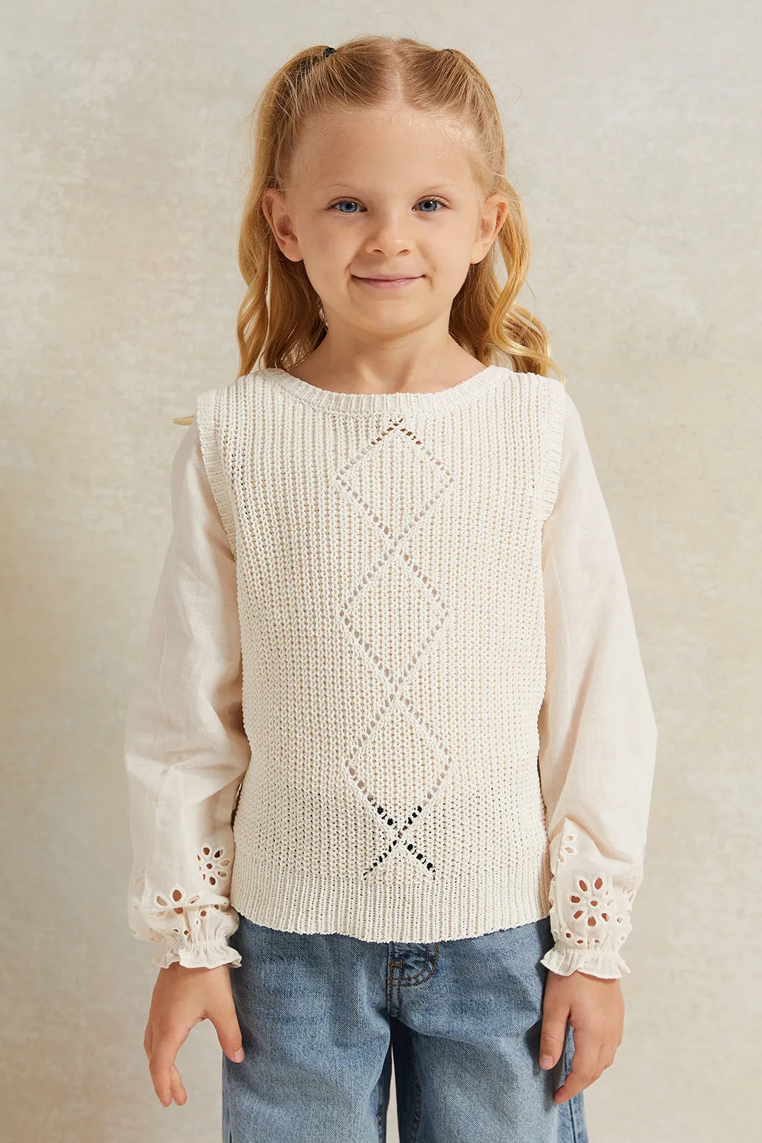 Girls Beige Embroidered Pullover