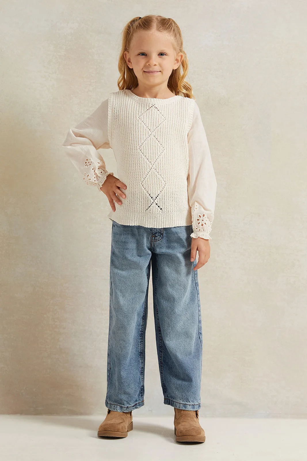 Girls Beige Embroidered Pullover