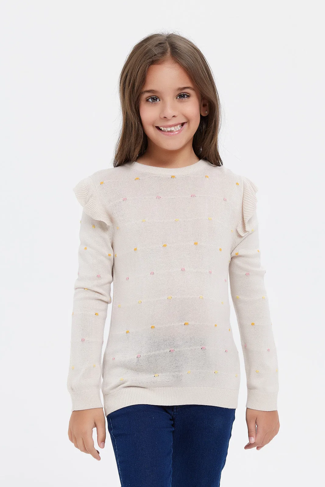 Girls Beige Polka Jacquard Pullover