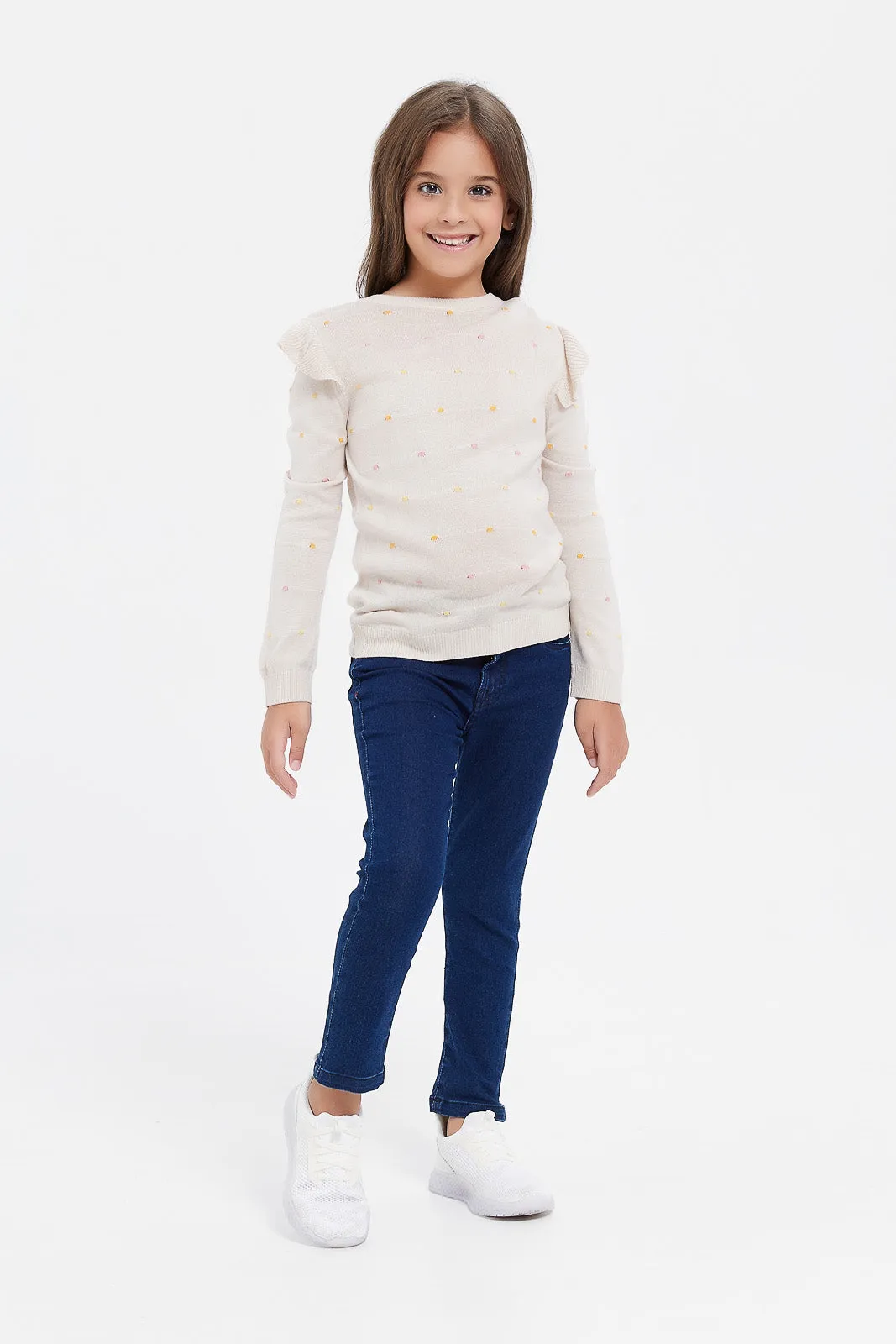 Girls Beige Polka Jacquard Pullover