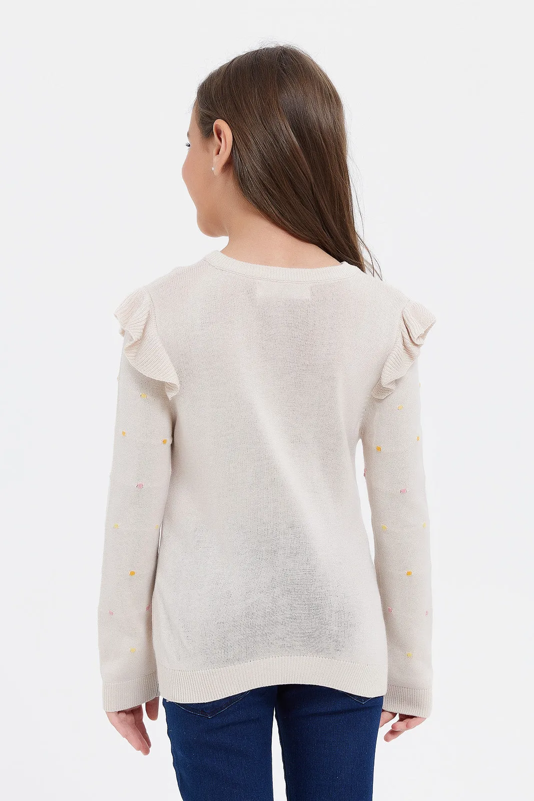 Girls Beige Polka Jacquard Pullover