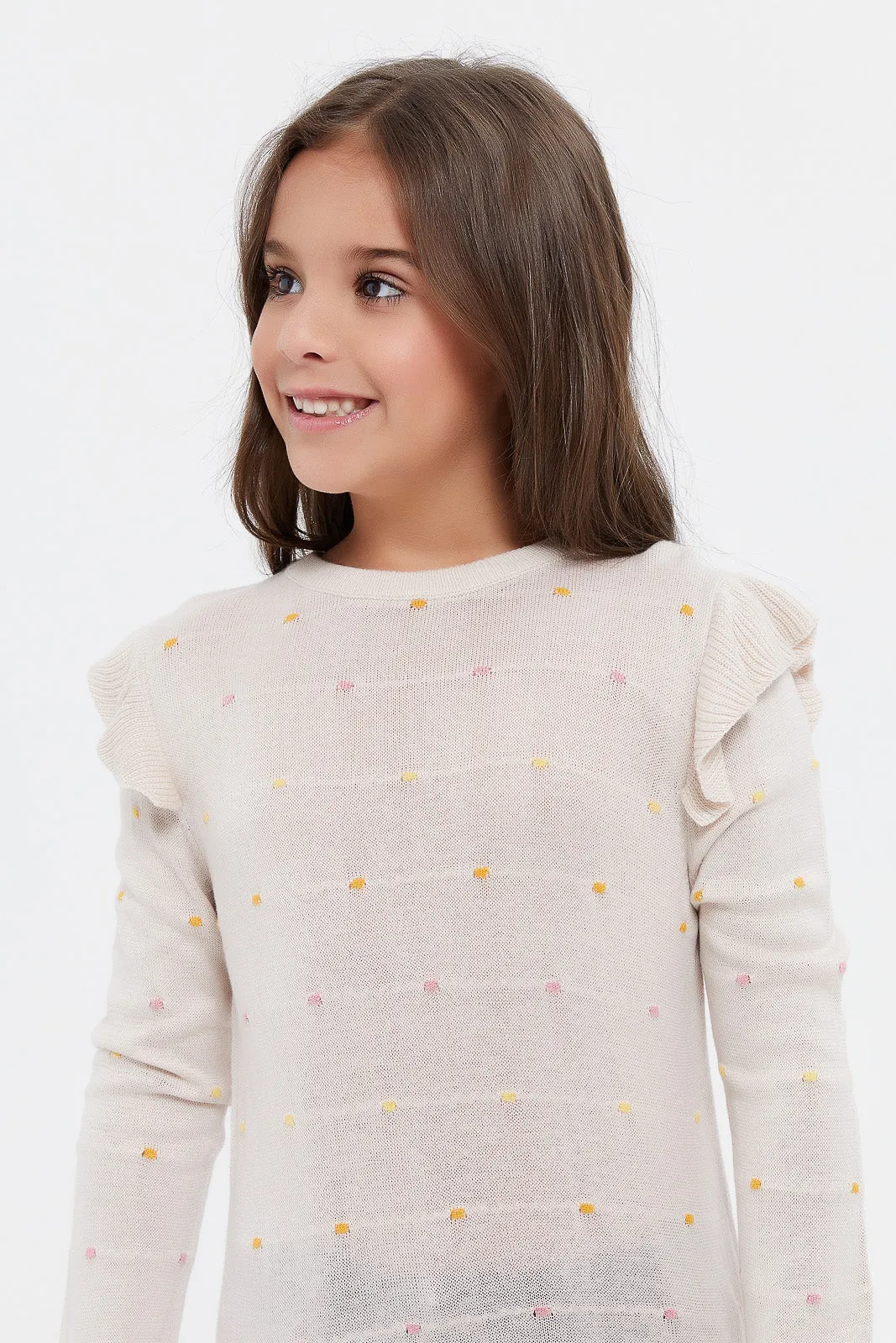 Girls Beige Polka Jacquard Pullover