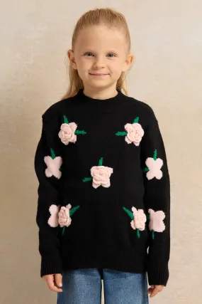 Girls Black 3D Flower Pullover