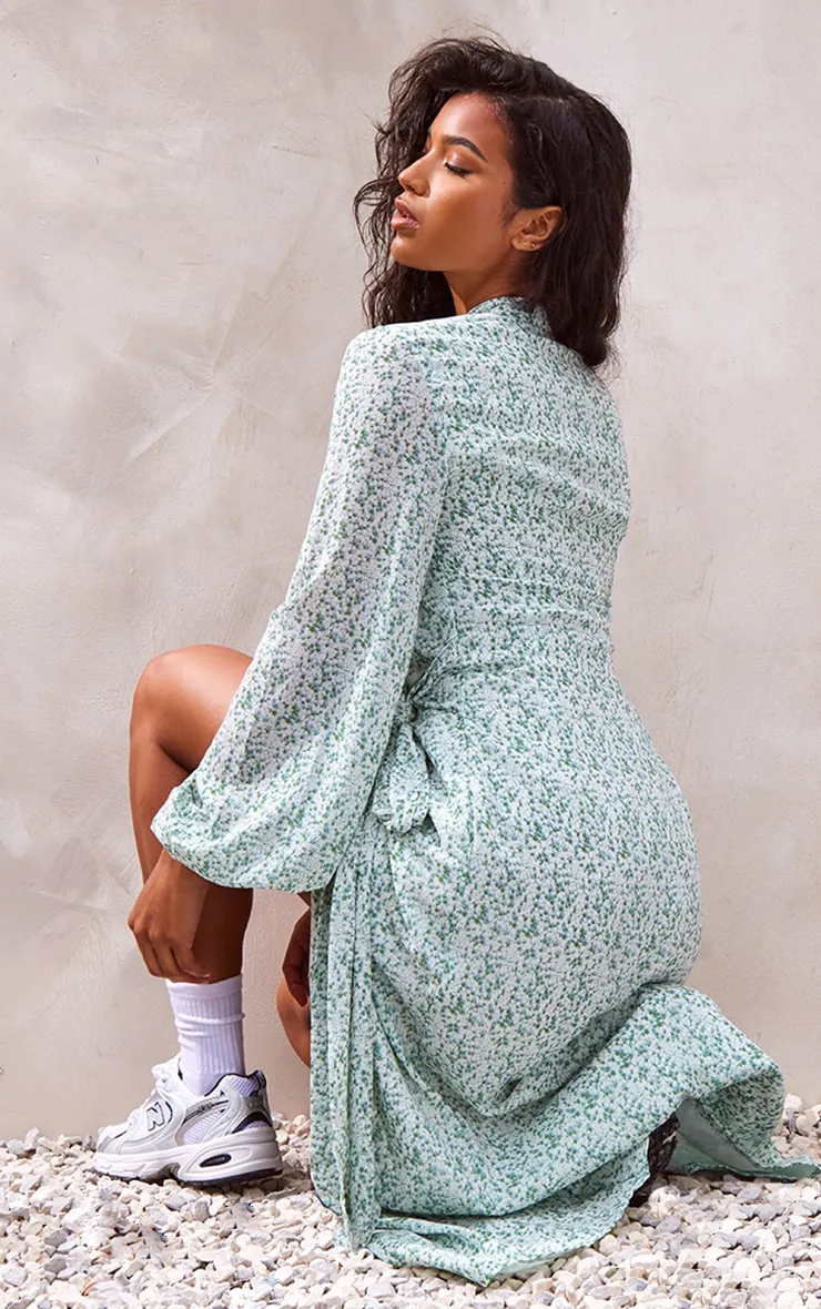 Green Ditsy Floral Satin Wrap Midaxi Dress