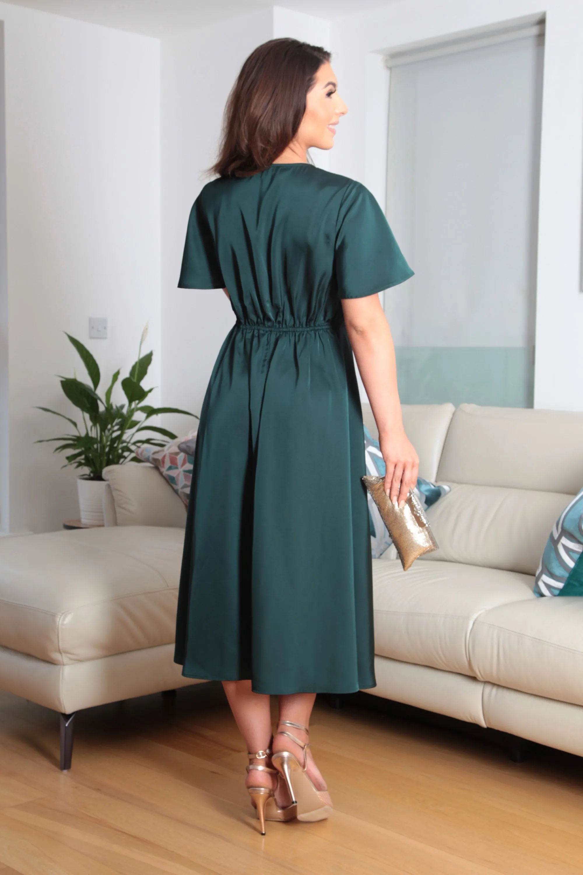 Green Midi Satin Wrap Dress with Split Skirt