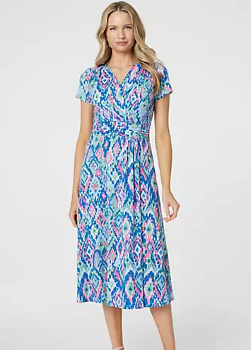 Izabel London Blue Printed Ruched Faux-Wrap Midi Dress