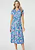 Izabel London Blue Printed Ruched Faux-Wrap Midi Dress