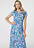 Izabel London Blue Printed Ruched Faux-Wrap Midi Dress