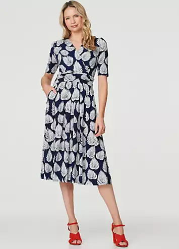 Izabel London Navy & White Printed Short Sleeve Wrap Tea Dress | Grattan