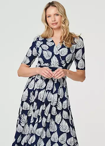 Izabel London Navy & White Printed Short Sleeve Wrap Tea Dress | Grattan