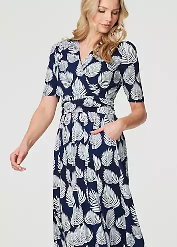 Izabel London Navy & White Printed Short Sleeve Wrap Tea Dress | Grattan