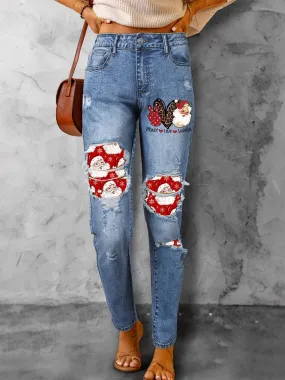 Jeans For Woman Chic Natural Waist Christmas Pattern