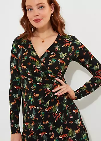 Joe Browns Petite Wrap Front Ruched Woodland Creatures Jersey Dress | Grattan