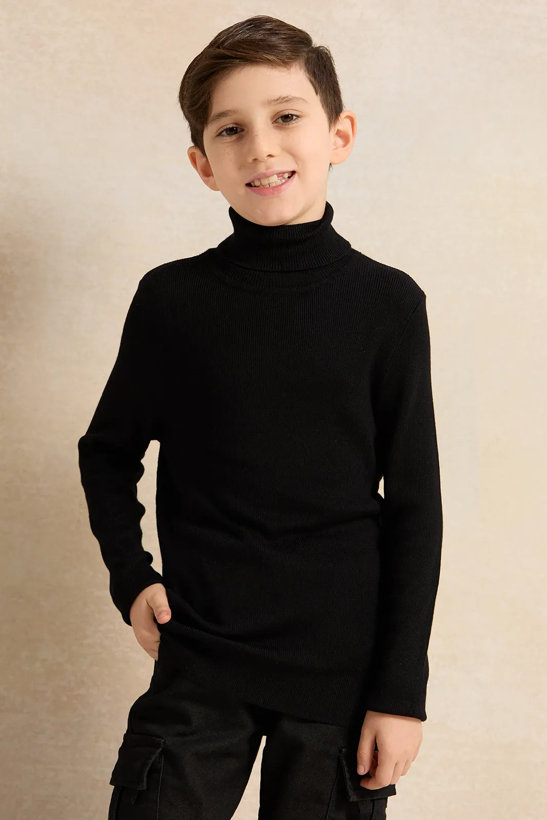 Junior Boys Black Plain High Neck Pullover