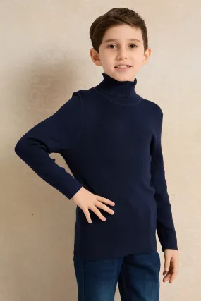 Junior Boys Navy Plain High Neck Pullover