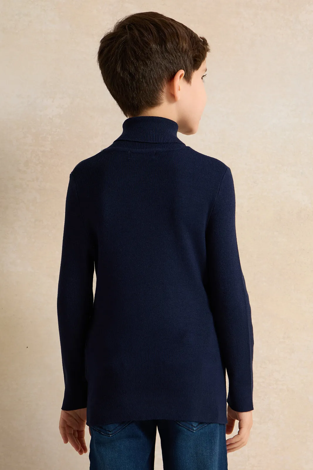 Junior Boys Navy Plain High Neck Pullover