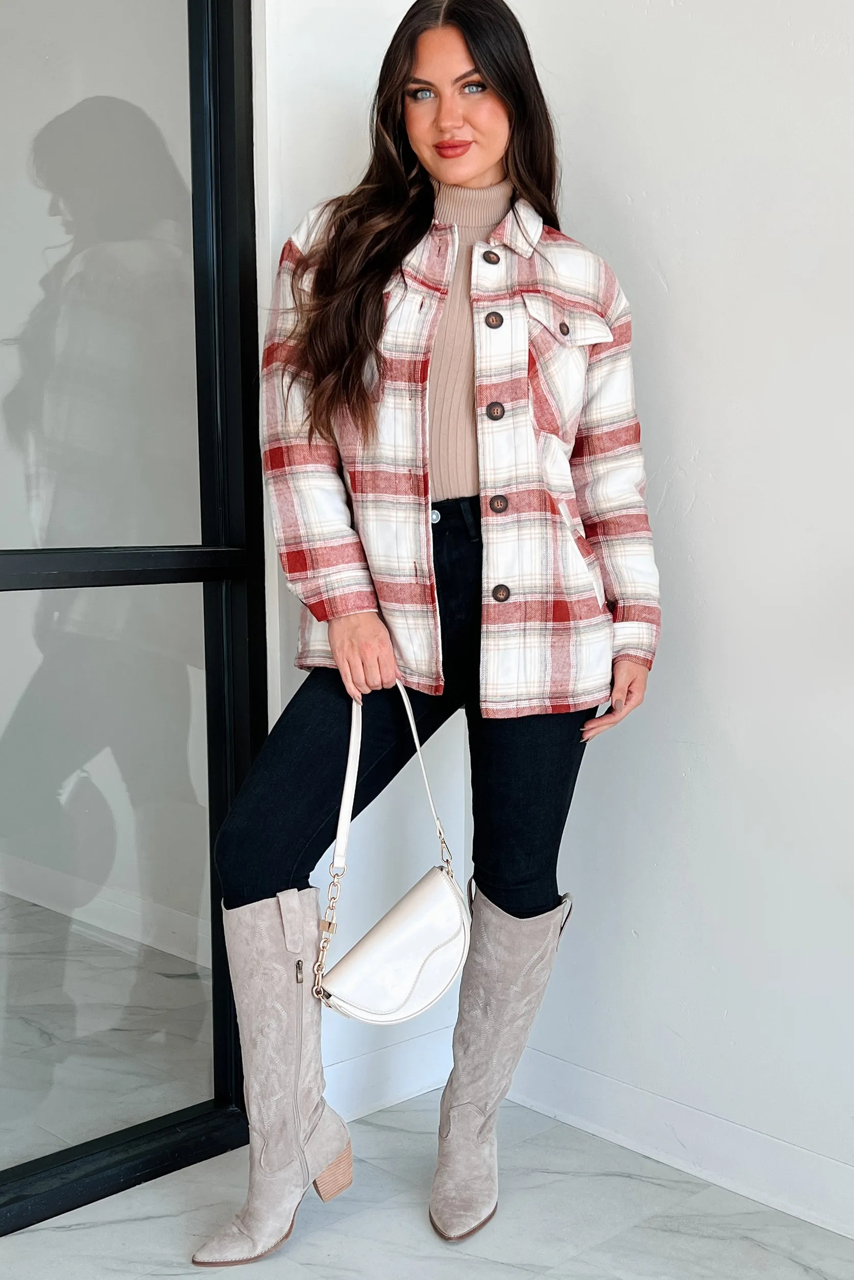 Keep Me Toasty Sherpa Lined Plaid Jacket (Terracotta)