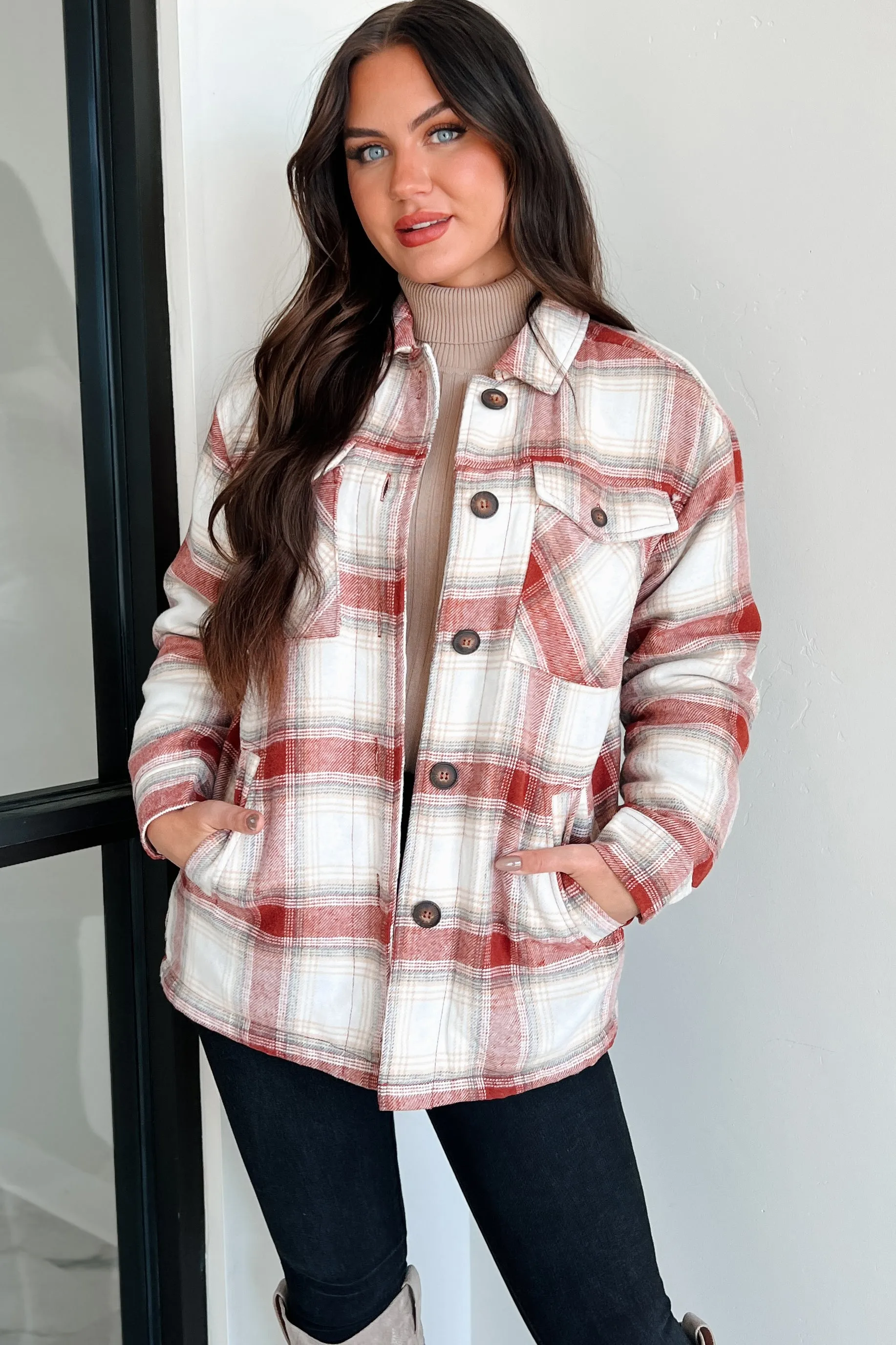 Keep Me Toasty Sherpa Lined Plaid Jacket (Terracotta)