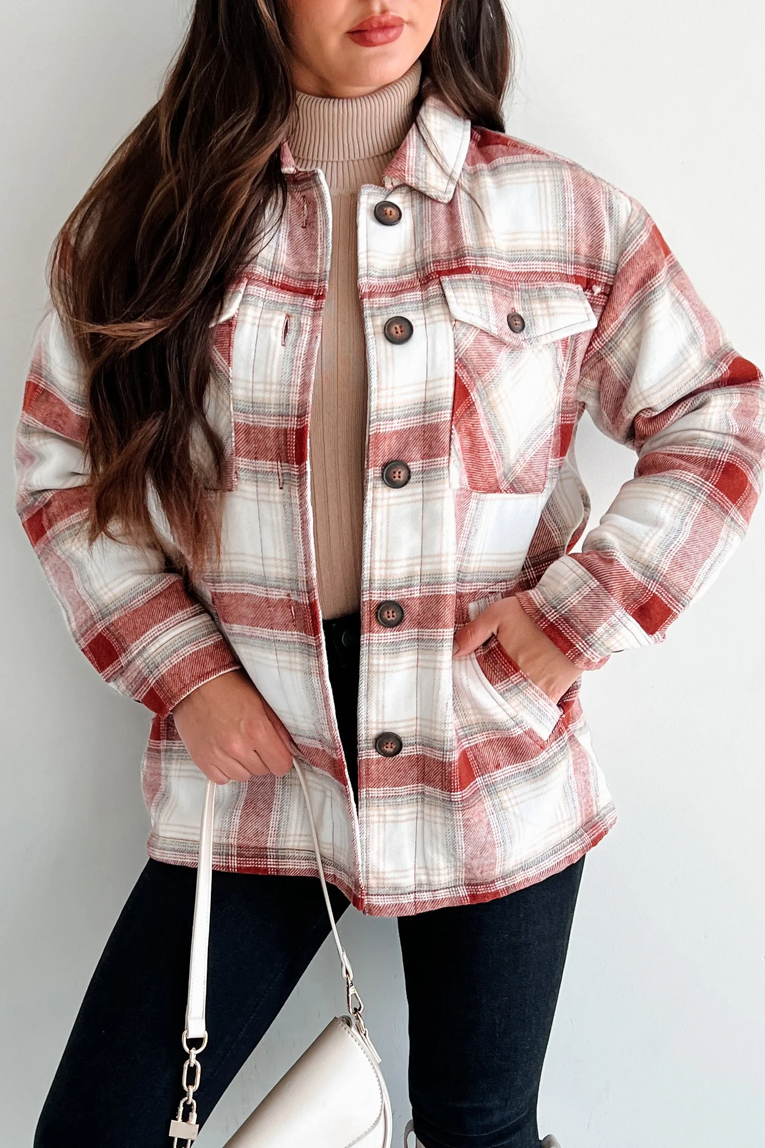 Keep Me Toasty Sherpa Lined Plaid Jacket (Terracotta)