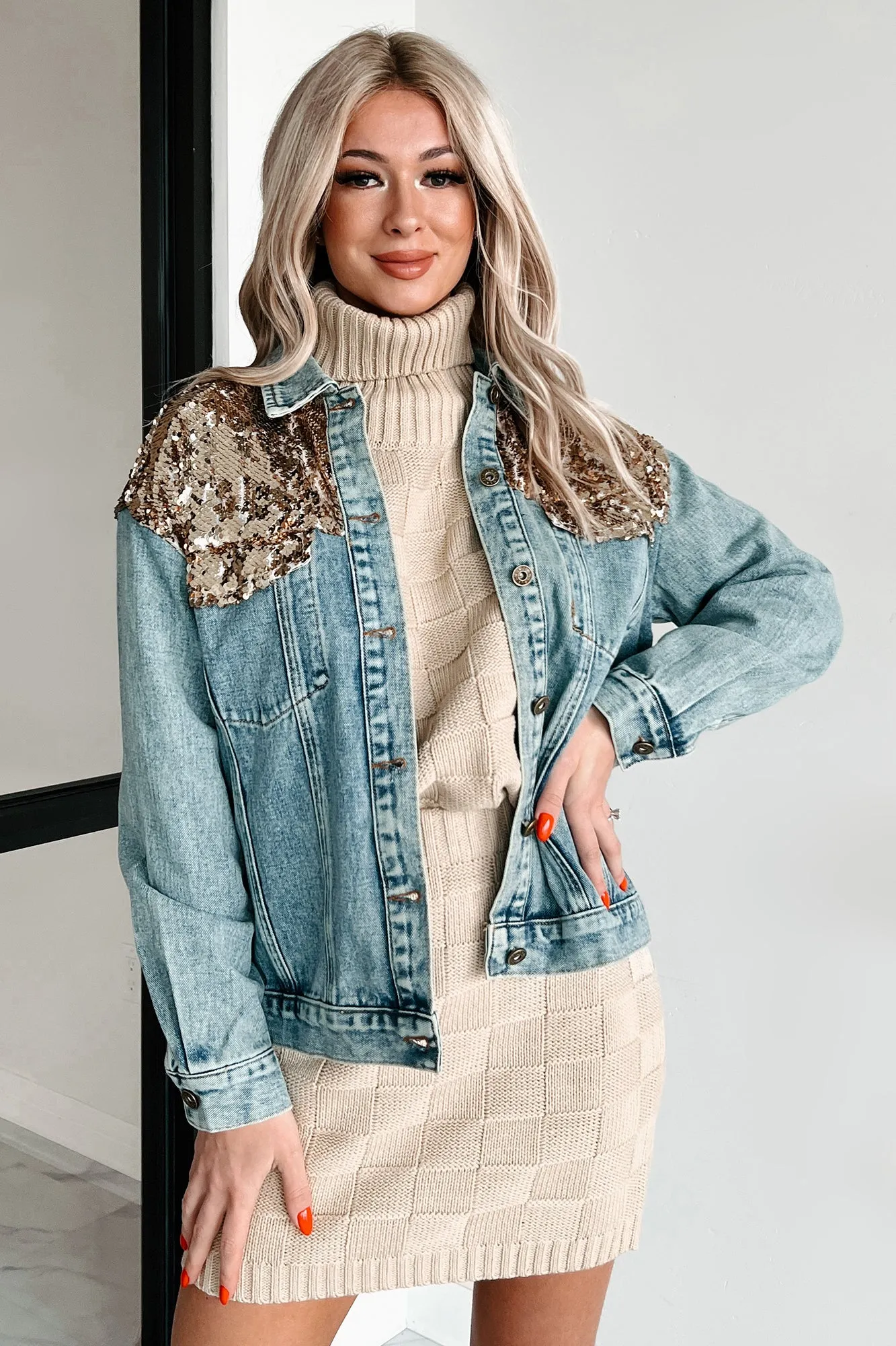 Keeping Things Fun Sequin Denim Jacket (Gold Combo)