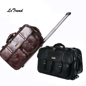 Letrend New Men Business Travel Bag Multi-Function Suitcase Leather Carry On Women Rolling