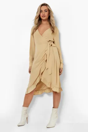 Long Sleeve Ruffle Wrap Midi Tea Dress