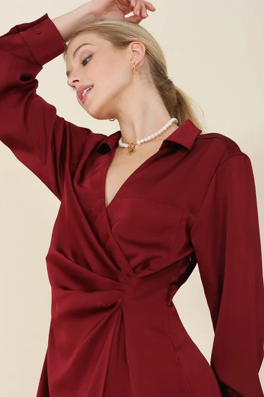 Long-Sleeved Satin Collared Wrap Mini Dress