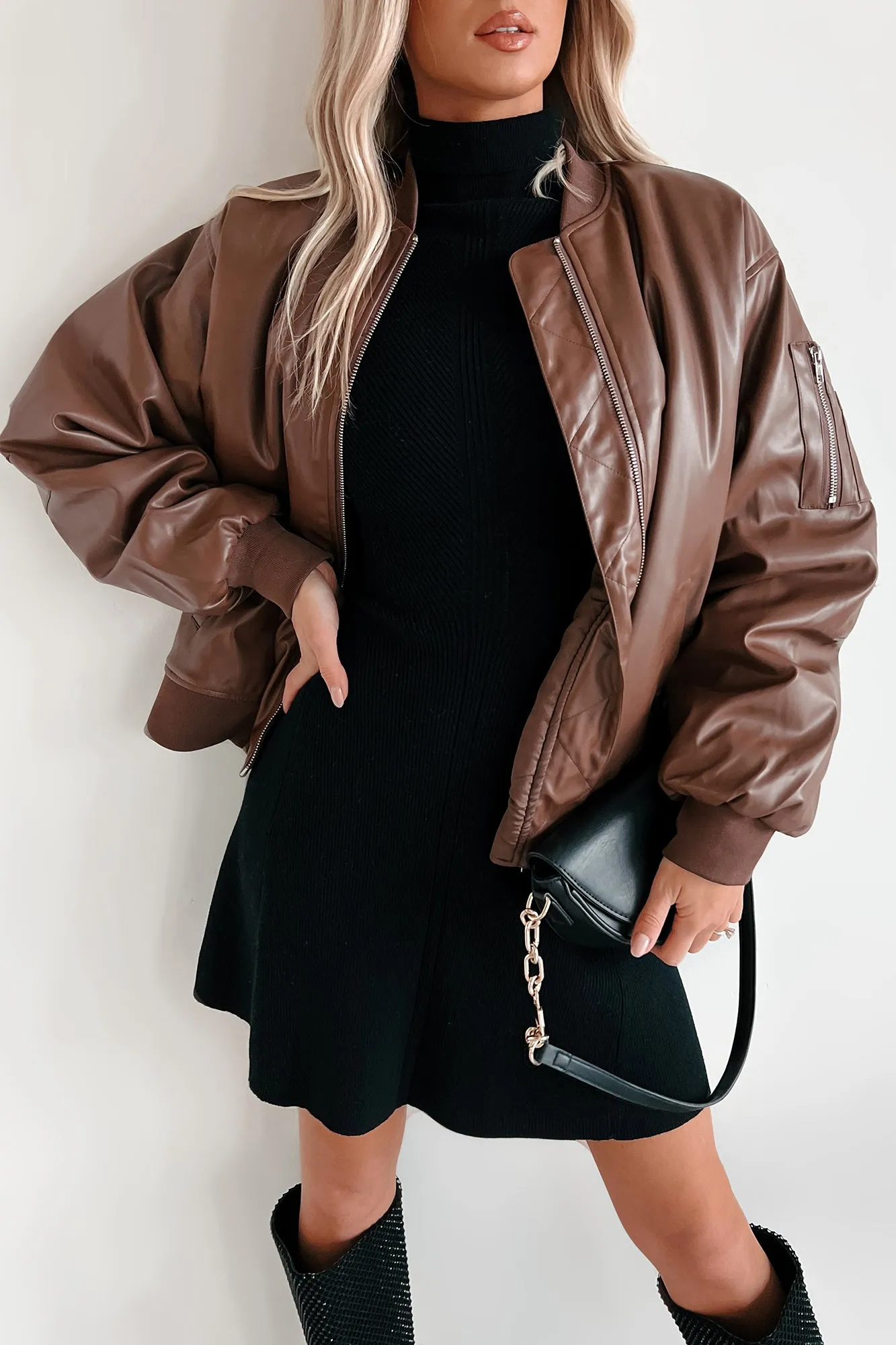 Making Bad Choices Faux Leather Bomber Jacket (Brown)