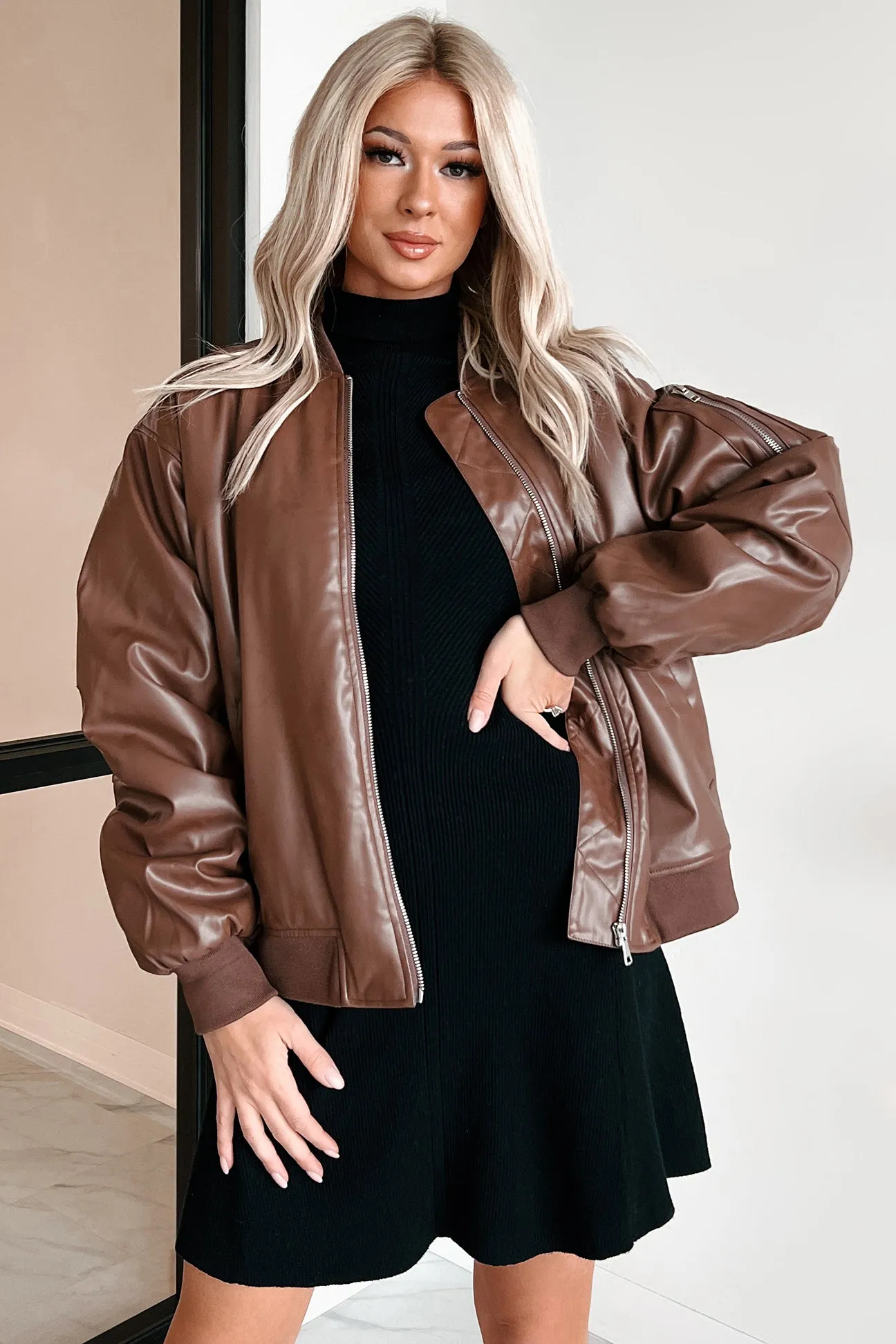 Making Bad Choices Faux Leather Bomber Jacket (Brown)