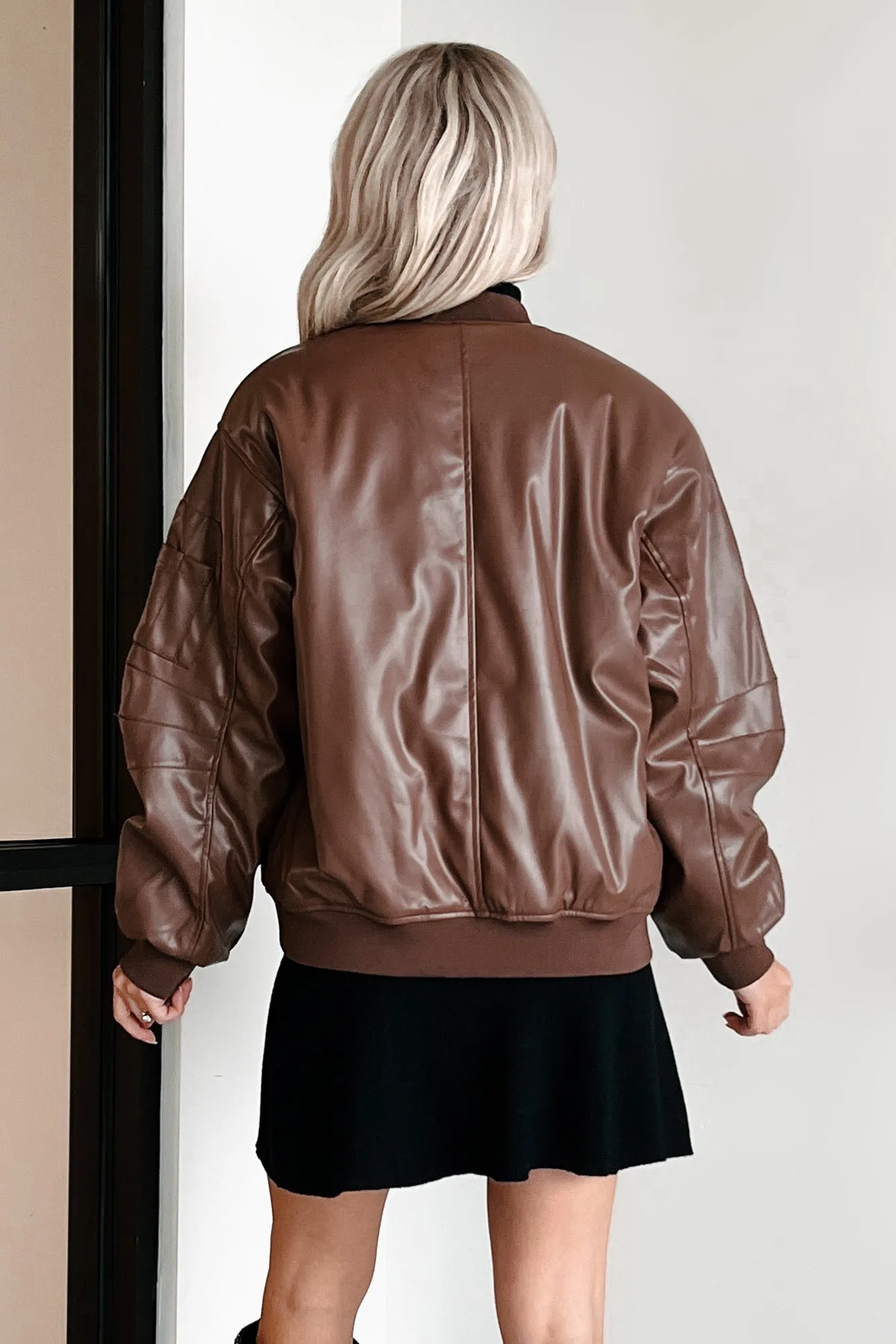 Making Bad Choices Faux Leather Bomber Jacket (Brown)