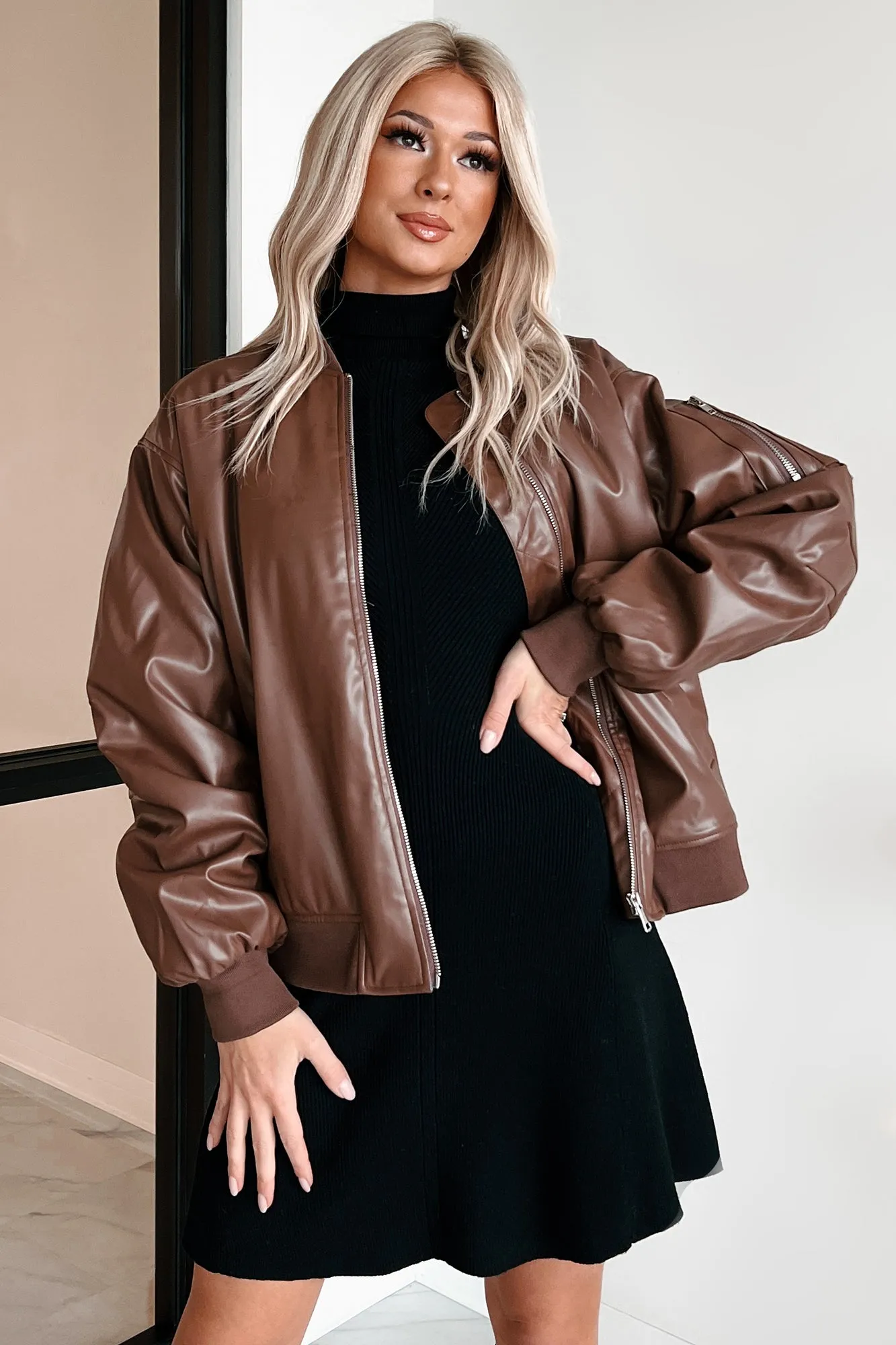 Making Bad Choices Faux Leather Bomber Jacket (Brown)