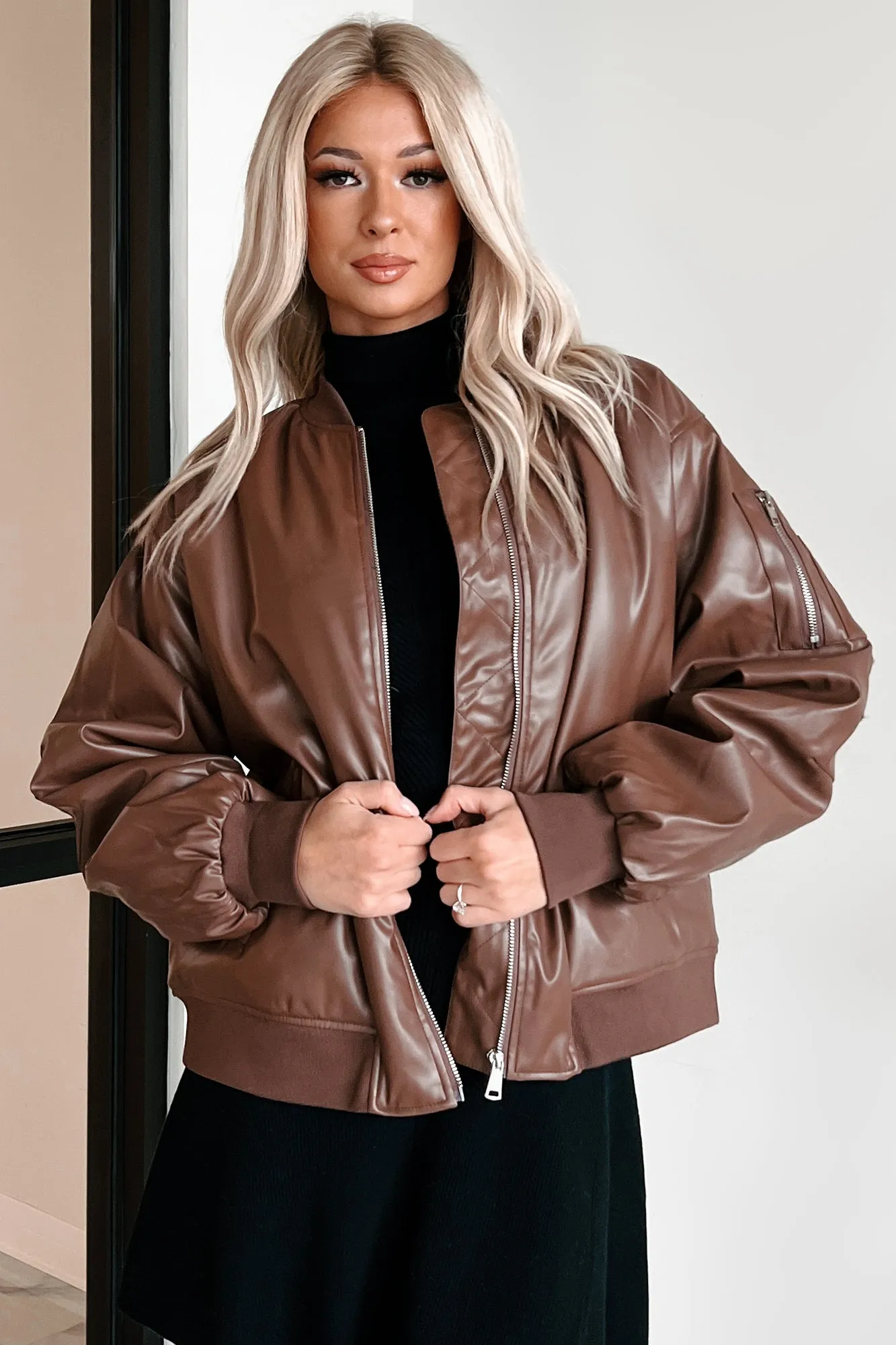 Making Bad Choices Faux Leather Bomber Jacket (Brown)