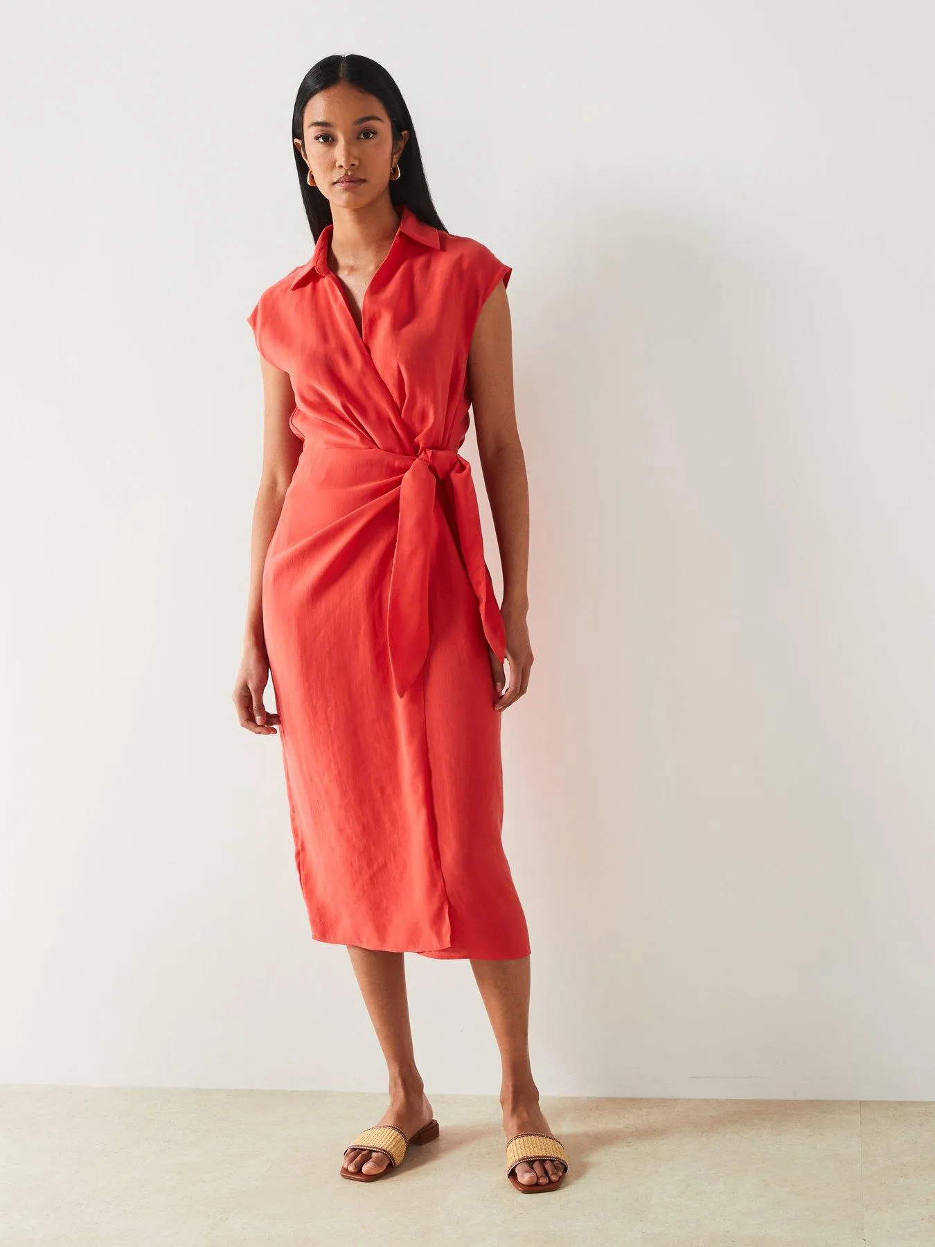 Mango Red Shirt-style Short Sleeve Wrap Midi Dress