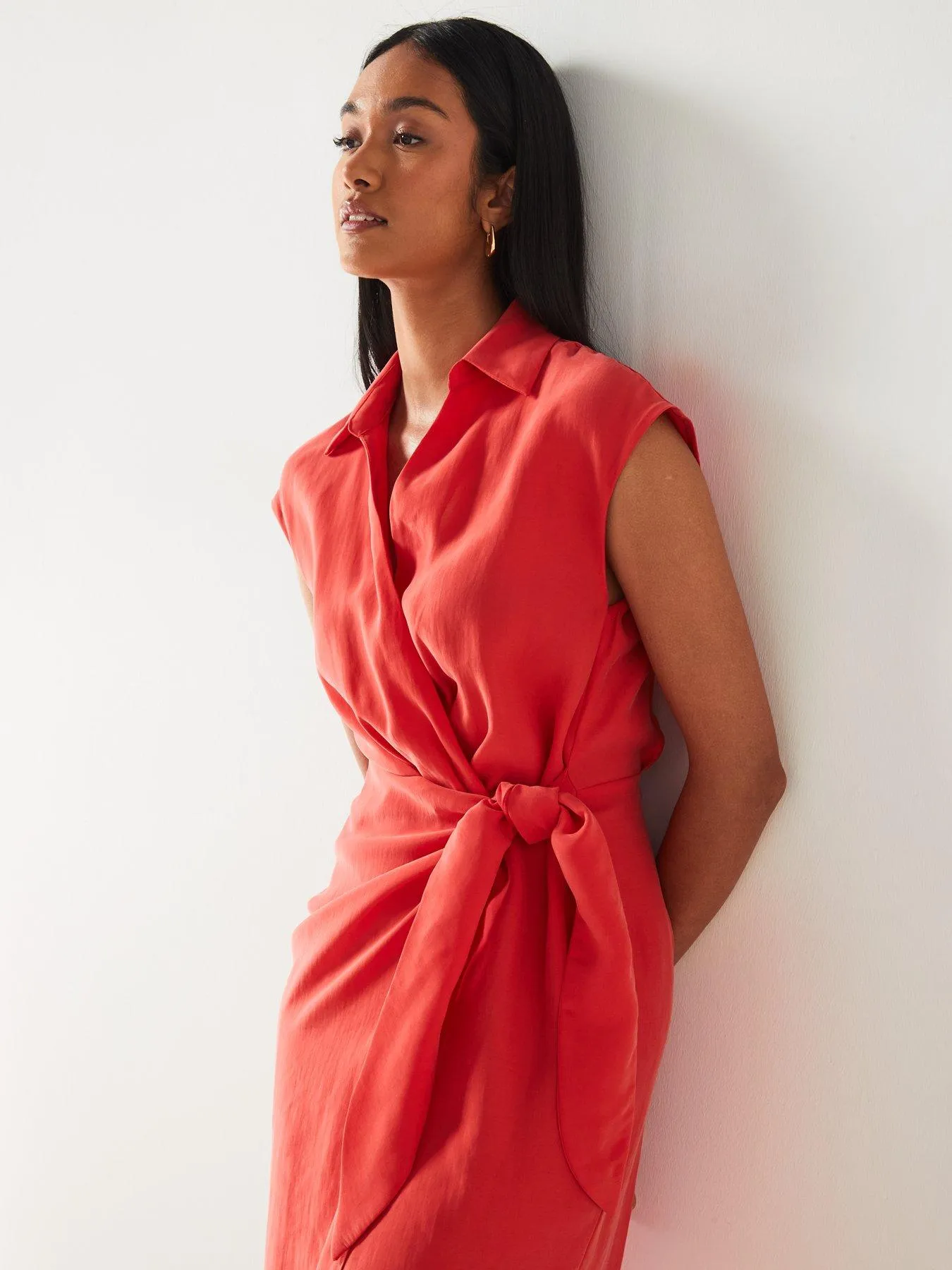 Mango Red Shirt-style Short Sleeve Wrap Midi Dress