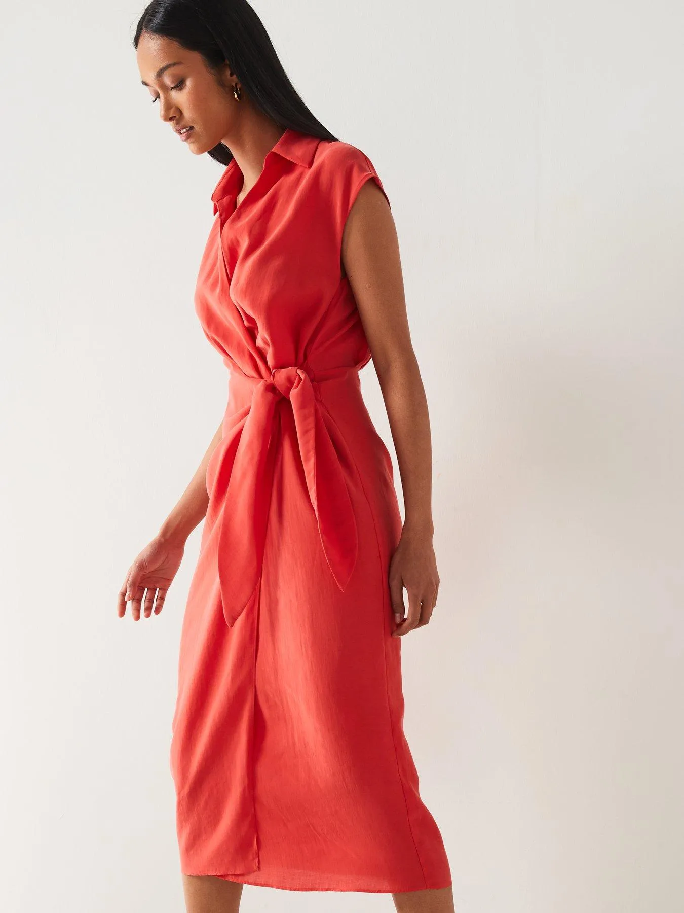 Mango Red Shirt-style Short Sleeve Wrap Midi Dress