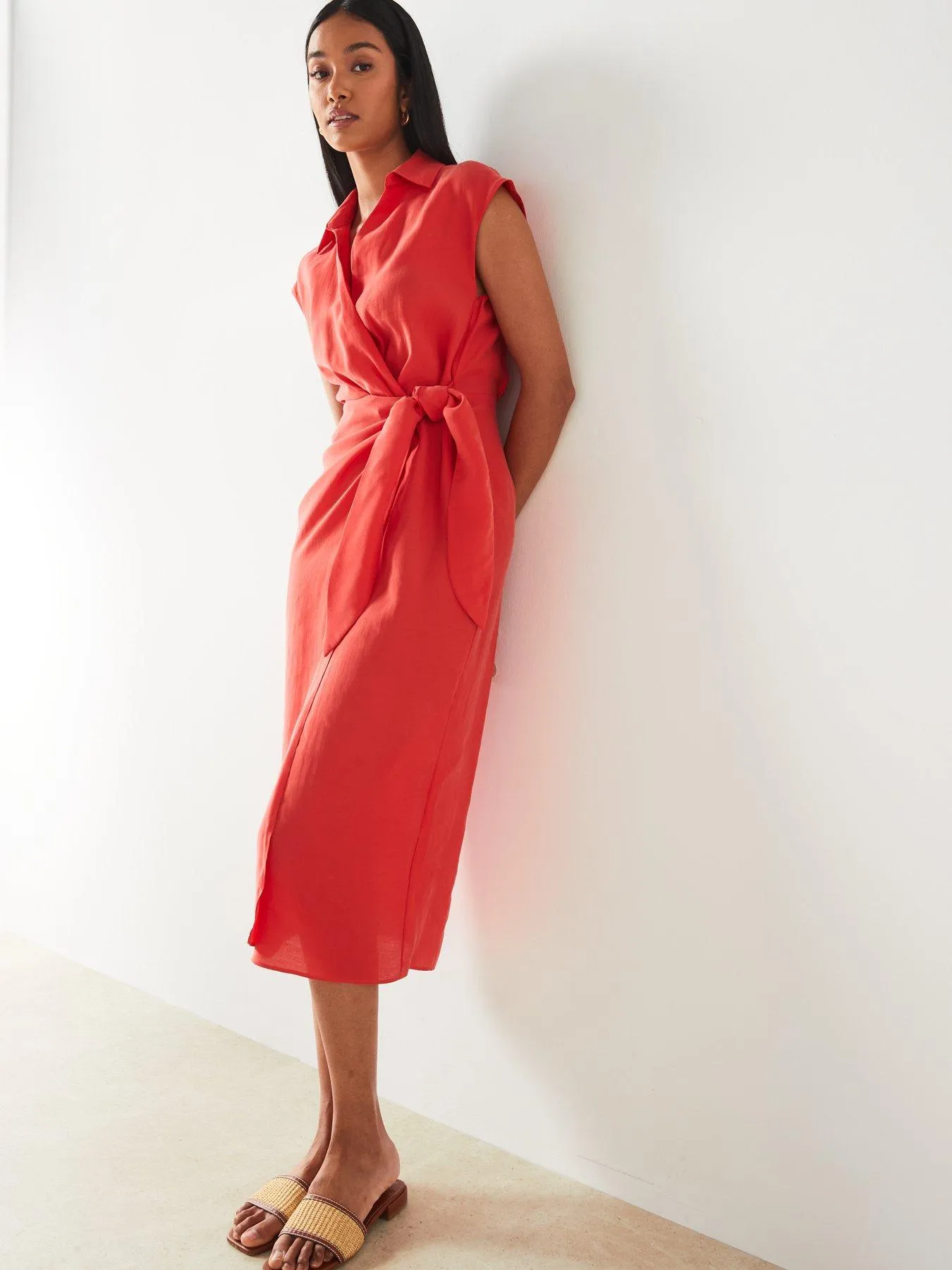 Mango Red Shirt-style Short Sleeve Wrap Midi Dress